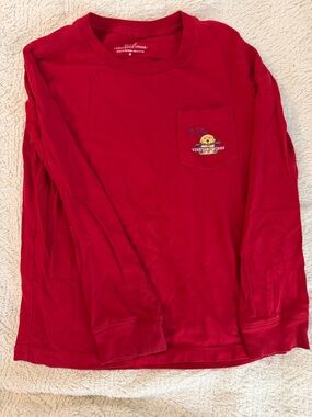 Boys Vineyard Vines Bright Red Long Sleeve Pocket Tee with Dog Graphic